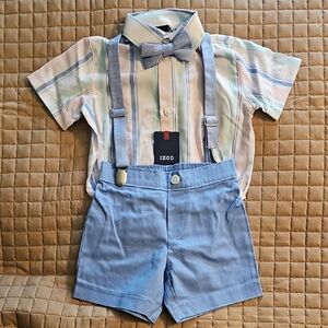 IZOD Kids Striped Shirt & Blue Shorts Set With Bow Tie And Suspenders. Nwt. 18m.